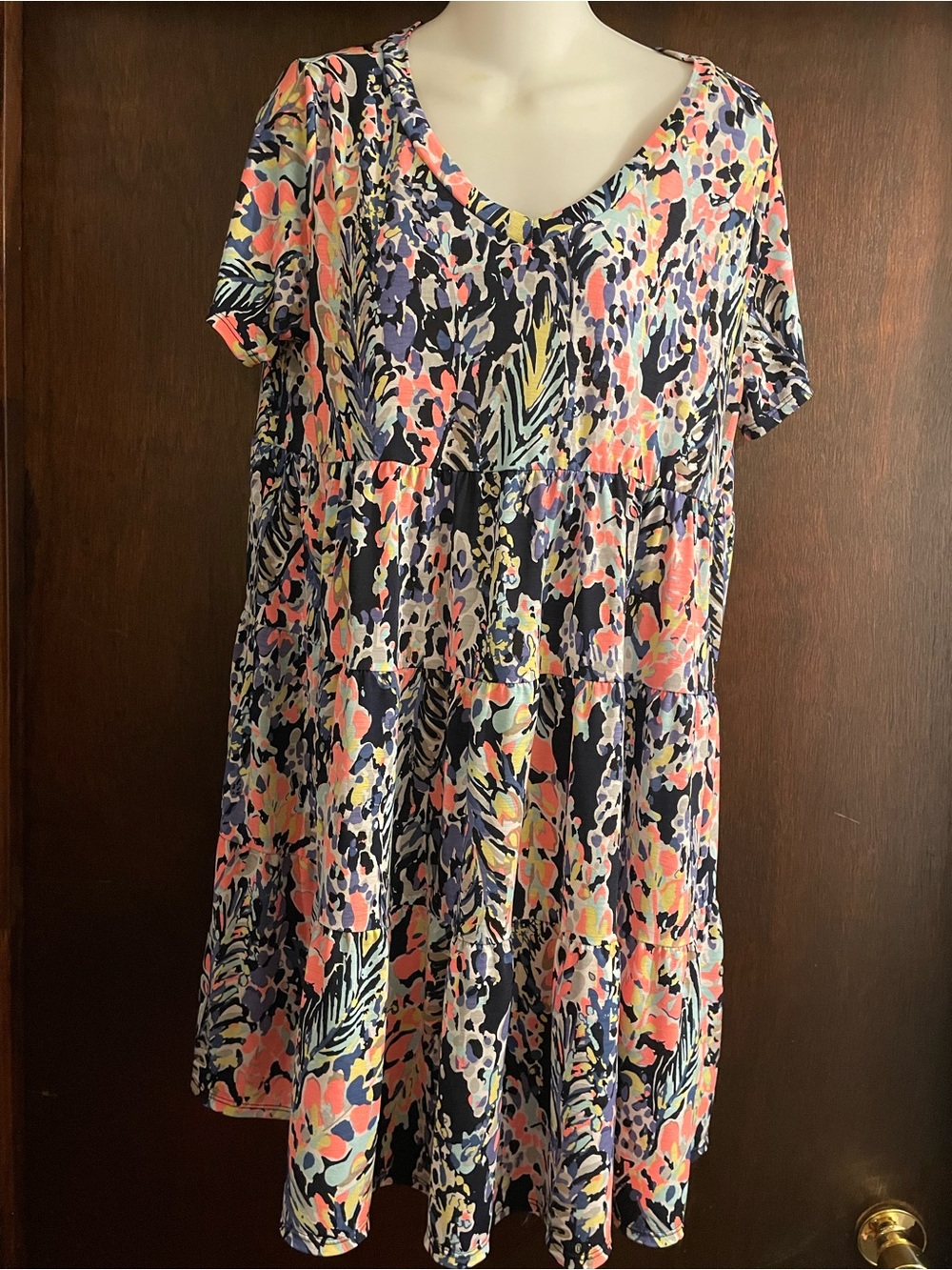 Sew In Love Brand Women's Large Navy Blue Pink Neon Tropical Short Sleeve Dress